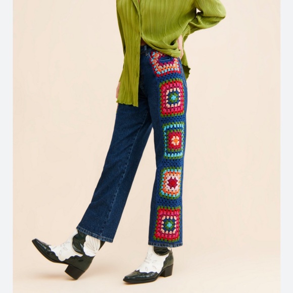 Farm rio Crochet Squares Denim Pants jeans Medium - Picture 2 of 8